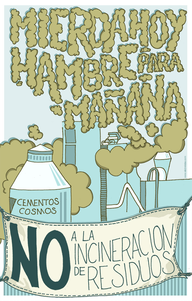 Ilustración Mierda hoy, hambre para mañana contra la incineración de residuos en Cementos Cosmos